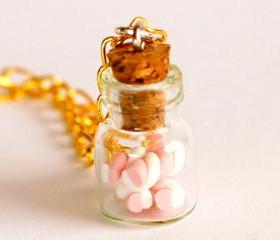 Marshmallow bottle necklace polymer clay kawaii jar cute gift golden necklace