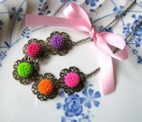 Juicy Chrissy Floral Necklace - Colourful Baby Chrysanthemum Cabochons, Nature Inspired, Sweet Ribbon