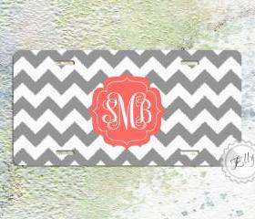 Personalized license plate monogrammed coral and gray chevron custom car tag