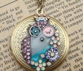 Steampunk Colorful Owl Locket Necklace Vintage Style Original Design