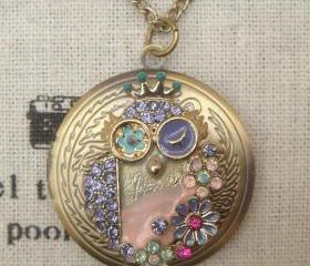 Steampunk Colorful Owl Locket Necklace Vintage Style Original Design