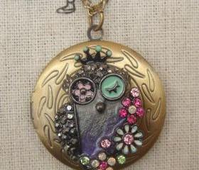 Steampunk Colorful Owl Locket Necklace Vintage Style Original Design