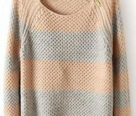 Pink Blue Striped Long Sleeve Zipper Sweater