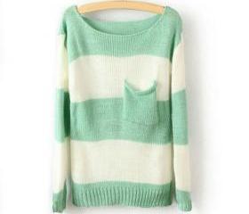 Green White Striped Long Sleeve Pullover Sweater
