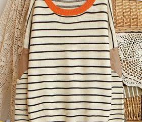 Bat Sleeve Matching Color Round Neck Loose Striped Sweater