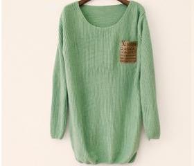 Light Green Patchwork Leather alphabet Pocket Loose Sweater