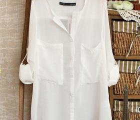 White Simple Wild Spinning Long Sleeve V-neck Chiffon Shirt