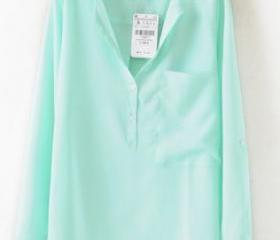 Green Collarless Long Sleeve Dipped Hem Blouse with Front Pocket