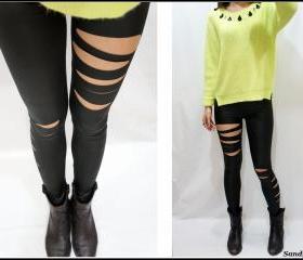 Black Slashed Ripped Leggings