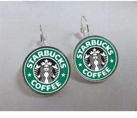 Leverback earrings. Starbucks earrings. Coffee earrings. Starbucks jewelry. Coffee jewelry. Glass and shiny silver metal. Starbucks coffee.