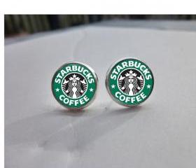 Earring Studs & Glass Cabs. Post back earrings. Starbucks earrings. Coffee earrings. Coffee jewelry. Coffee. Starbucks. Glass and metal