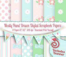 Pink and Blue 11 Piece Digital Scrapbooking Paper Pack, 12'x12', 300 dpi .jpg Bonus Banner
