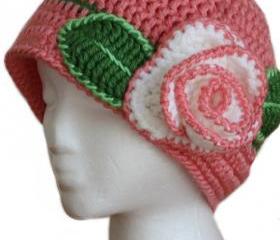 Womens Pink Beanie Rose Hats for Teen Girls and Women with Crochet Gorgeous Rose- READY TO SHIP