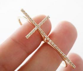 Exquisite Rhinestone Cross Double Ring