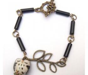 Antiqued Brass Porcelain Owl Agate Bracelet