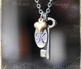Personalized Initial Necklace, Gold Heart with Key, Valentines, Gift for Girlfriend, Wife, Mothers Day, Key to My Heart By rubiesandwhimsy
