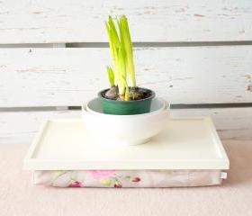 Laptop Lap Desk or Breakfast serving Tray - Off White with Rose Floral print Pillow