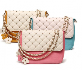 Embroidered diamond lattice flower chain shoulder bag-pink
