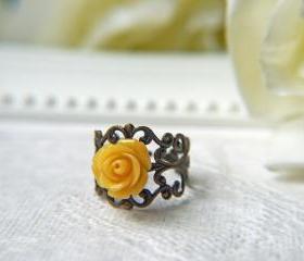 Petite Tangerine Rose Ring. Antique Brass