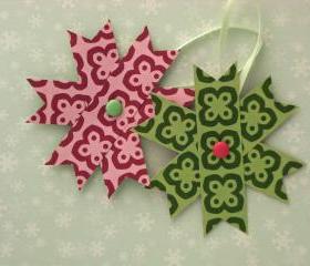 Two Hanging Christmas Decorations - Set of 2 Paper Stars, Pink and Green