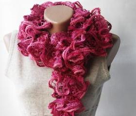 Pink burgundy knit scarf - magenta wine colored frilly Winter accessories