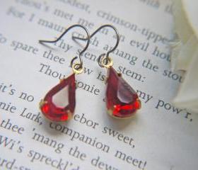 Dainty Ruby Red Vintage Glass Jewel Earrings. Titanium Ear Wires
