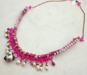 Romantic pink yarn necklace with crystals and pearls