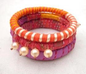 Ribbon yarn and pearls bangle bracelets - set of three