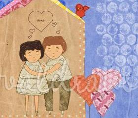 Man and woman embracing in house with red bird and heart-shaped flowers Custom 8 x 10 print