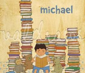 Boy reading to stuffed animals among stacks of books Wonder personalized 8 x 10 print (boy)