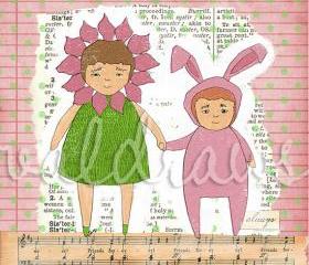 Children's art print Two girls holding hands Sisters 3 x 3 mini print
