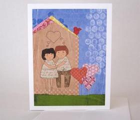 Card - blank inside - man and woman in love hugging in house surrounded by garden with bird