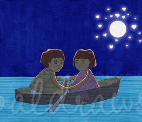 Couple art print Night art print Rowboat art print Moon and stars art print Midnight blue art print Life Is But A Dream 5 x 7 print