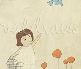 Girl releasing bluebird from cage and waving Release 5 x 7 print