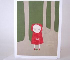 Recycled paper blank greeting card Blank note card with envelope Girl in red hood watching small plant grow in the woods Have Faith 