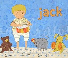 Kids wall art Children's personalized art print Boy playing drum with stuffed animal band A Different Drummer Boy 5 x 7 print