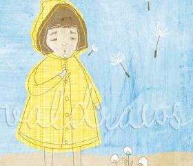 Blowing dandelion print Yellow and blue print Girl in yellow slicker on blue blowing dandelion The Wind Bloweth 5 x 7 print
