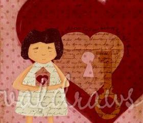 Girl holding house near heart on large red heart and polka dot background - A Place For My Heart To Call Home - 5 x 7 print
