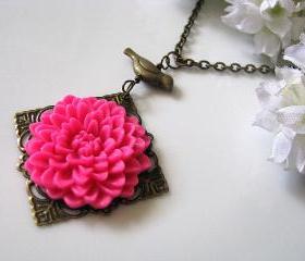 Sweet Raspberry Chrysanthemum Chrissy Flower with Bird Necklace