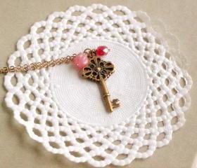 Old Secret necklace - 'Treasures' collection, Key necklace vintage style jewelry, in milky pink and fuchsia