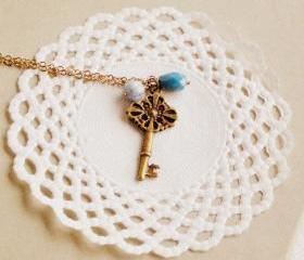Old Secret necklace - 'Treasures' collection, Key necklace vintage style jewelry, in powder blue