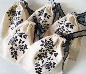 5 Black Cascading Rose Gift / Presentation Cotton Pouches - 4 x 4.5