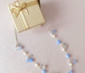 My Fair Lady Necklace-925 Silver, Blue Agate, MoonStone, Shell Pearl & Swarovski Crystals