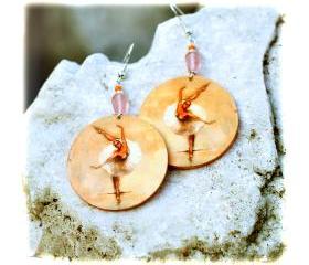 Ballerina decoupage Earrings - peach and pink pastel colors - double faced