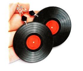 Vinyl Records - decoupage Retro Earrings - black and red - double faced 