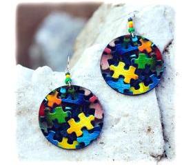 Clolorful Puzzle decoupage earrings - yellow navy blue green pink - double faced