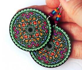 Oriental Mandala - decoupage earrings - purple, fuchsia, tangerine, blue, green - double faced