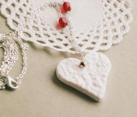 'Loveliness' Heart necklace - Valentine's day, white heart, red beads