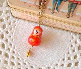 Children Matryoshka necklace, in red and gold, polymer clay, girls jewelry, Valentine jewelry
