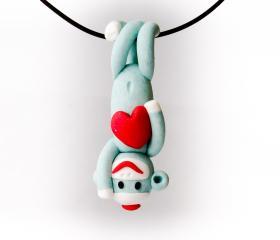 Green Sock Monkey Valentine's Day Pendant Handmade in Polymer Clay